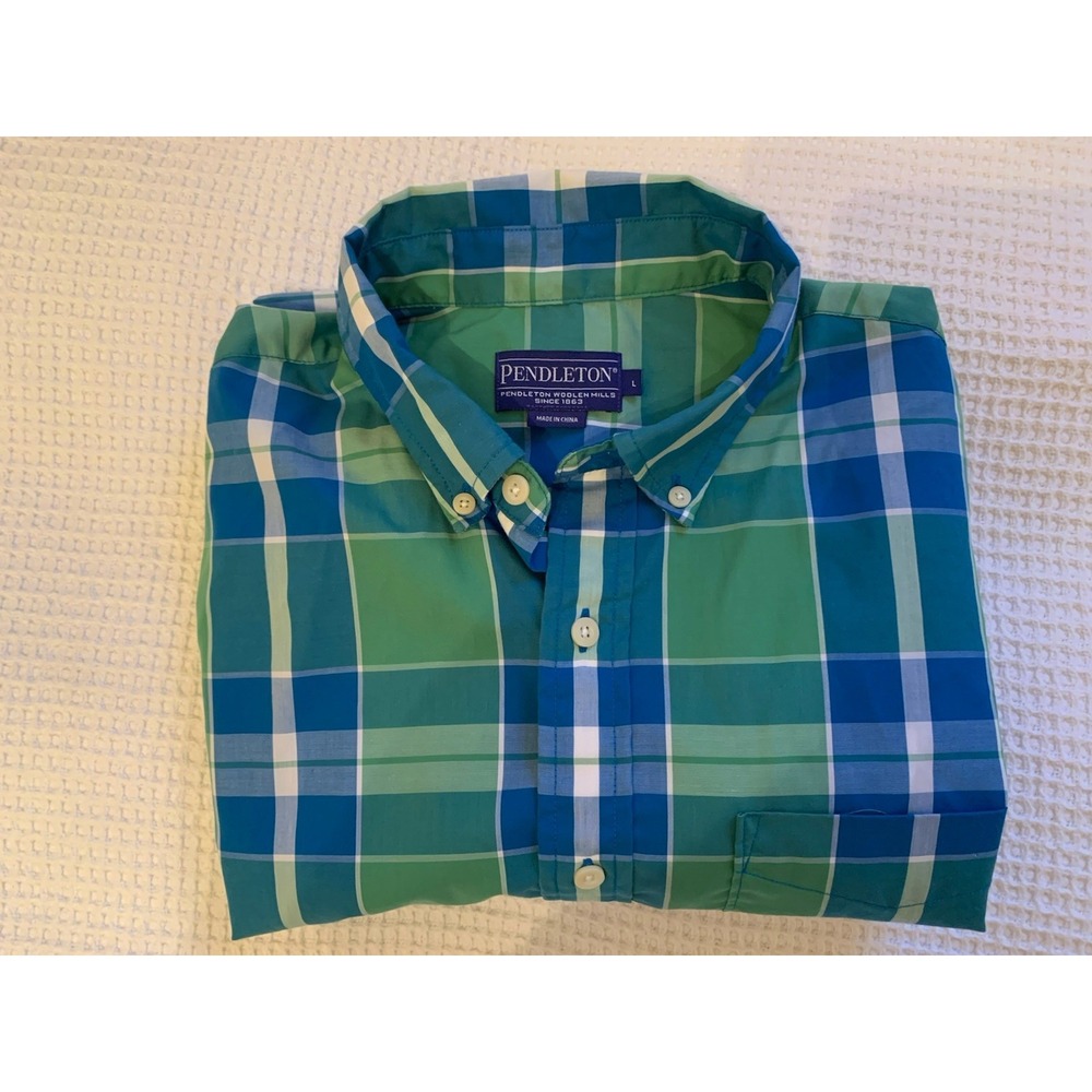 Pendleton Mens Button Down Shirt Large Plaid‎ Green Aqua Cotton